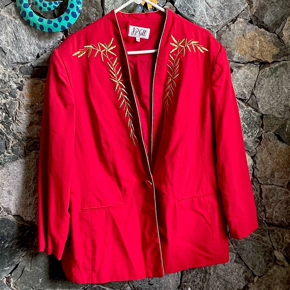 JP Fall Polyester Double Breasted Red & Gold Blazer & Skirt Suit Size 22